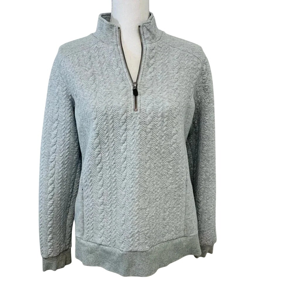 Orvis Sweater Woman Small Gray Textured Pockets 1/4 Zip Casual Travel Basic Work